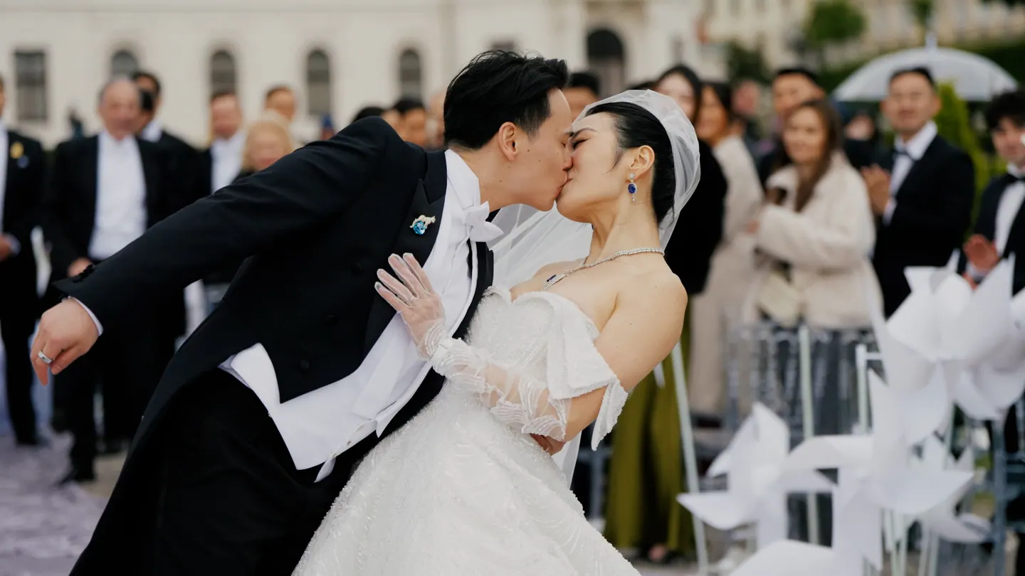 Bride and groom kissing after the ceremony at the Belvedere
