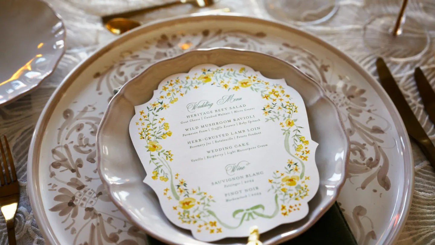 Illustrated yellow floral menu on a layered place setting