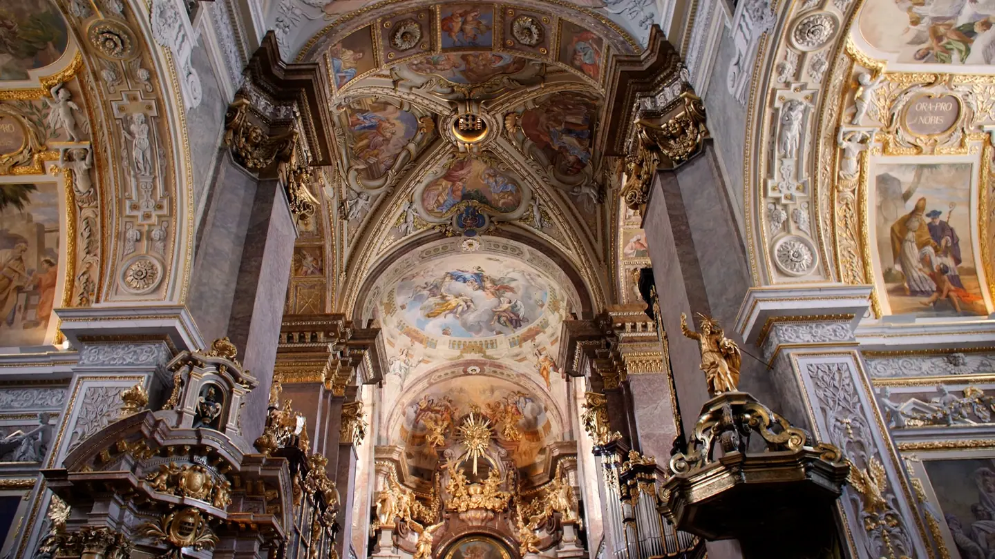 Ornate baroque church ceiling in Vienna